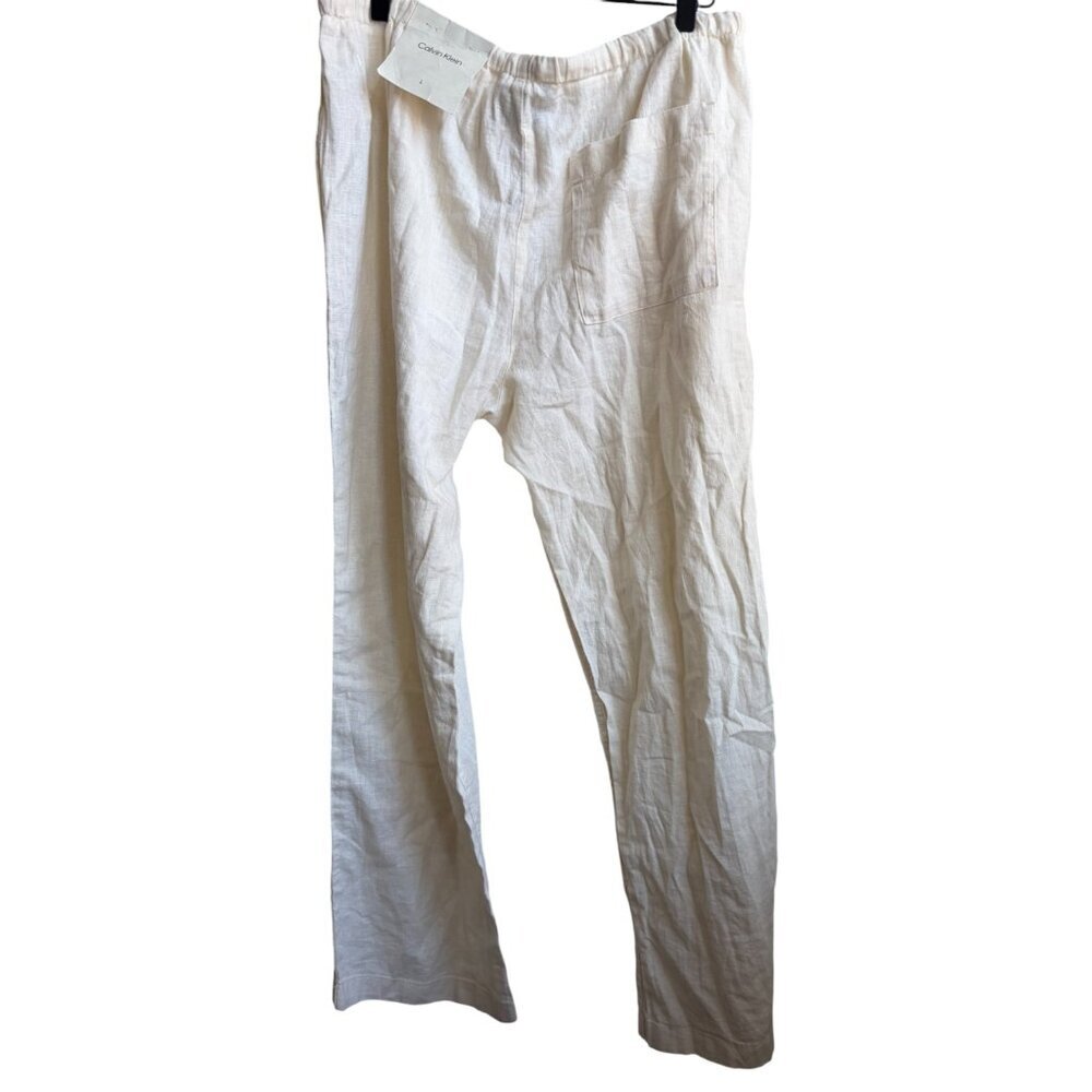 NWT Calvin Klein Creme Linen Wide Leg Pants Draw String Waist size L - Picture 4 of 11